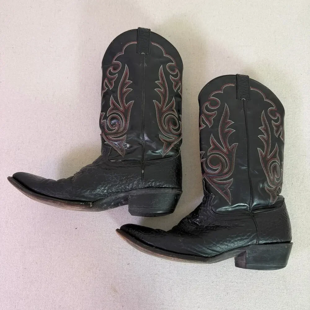 Vintage Diamond J By Justin Cowboy Boots Mens 10.5D Black Leather Red Stitch